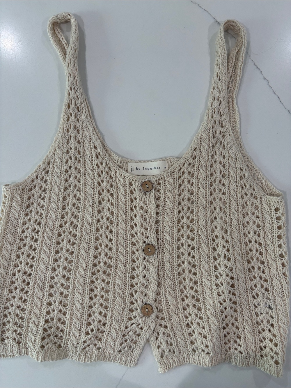 By Together Cream Knit Crochet Button Front Tank